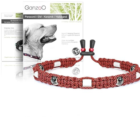 Ganzoo EM Keramik Hunde-Halsband/Paracord 550 Halsband mit Zier-Perlen und EM Tubes/EM Pipes/Größe XS 26-32 cm/Dog Collar/verstellbar mit Kordelstopper/Farbe Diamant Rubin
