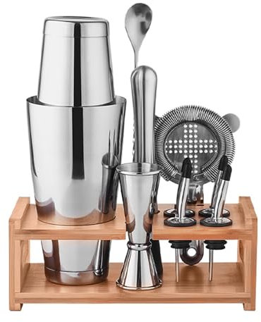 Kit Coctelería,Juego De Coctelero Profesional,Juego De 8 Mezcladores De Cóctel,Juego De Diez,con Soporte De Bambú,Incluye Colador De Hielo,Ideal para Bares,Familias,Fiestas,Práctica Personal