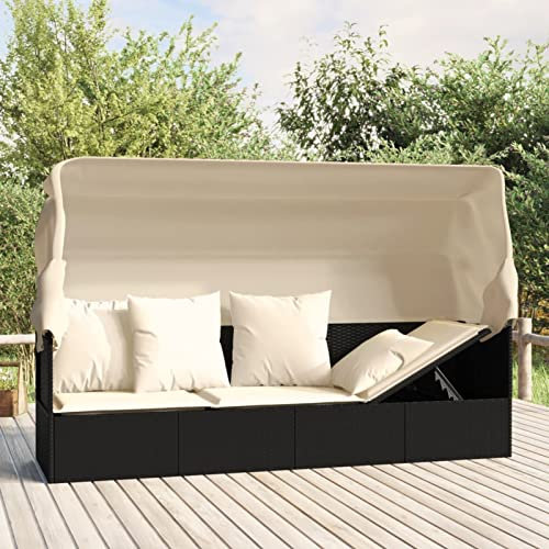 Xichuzi Outdoor-Loungebett mit Dach und Kissen, Lounge Sofa Outdoor, Sonneninsel Outdoor, Outdoor Liege, Daybed Outdoor, Garten Lounge, Outdoor Bett, Schwarz Poly Rattan