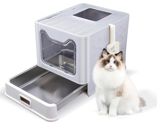 Marchul Katzentoilette Edelstahl mit Deckel, Ausziehbares Tablett, Leicht zu Reinigen, mit Spaten, und Nimmt Keine Gerüche Auf, XL Groß