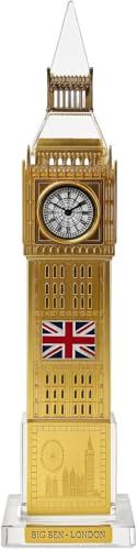 Rose Collections Big Ben London Souvenir mit Farbwechsel, 18 cm, beleuchtet, goldfarben, Miniatur-Uhrturm-Nachbildung mit Union Jack, LED-Ornament auf Kristallsockel, Reisegeschenk oder