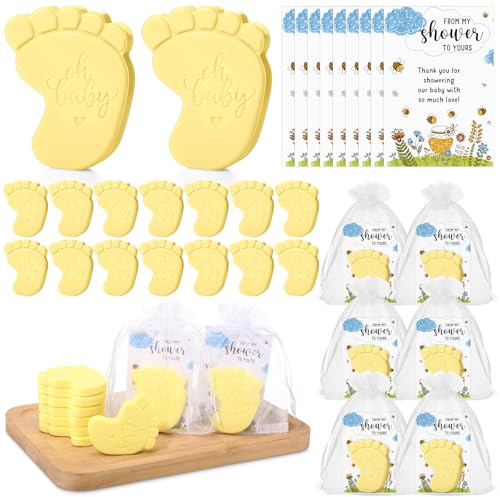 Dimsile 50 Sets Babyparty-Seifengeschenke für Gäste – Mini-Handgefertigte Fußabdruck-Duftseife mit Dankeskarten und Organza-Beutel, Partygeschenke für Geschlechtsoffenbarung, Taufdusche (Hellgelb)