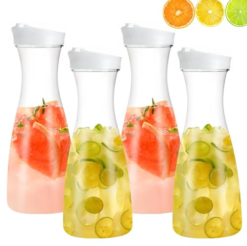 Wasserkaraffe Plastik, 4er Set 1L Kunststoff PET Wasserkrüge, Wasserkaraffe mit Deckel, Unzerbrechlicher Getränkekrug, Kunststoff Saftgetränkebehälter, für Gekühlte Getränke(Kegelförmig)