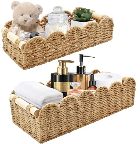 Kqpoinw Aufbewahrungskorb Geflochten, 2er Set Aufbewahrungkörb Badezimmer, Dekor Körbchen Wickeltisch Organizer Korb für Küche Kinderzimmer Wohnzimmer, Handtuch Toilettenpapier Korb (Natürlich)
