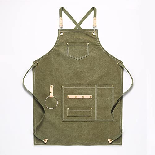 Delantal de Lona con Pechera de Cuero para Chef, Cocina, para Hombre y Mujer, para Barista, Barman, con Bolsillos, para el hogar, barbería, café, Restaurante, Delantal Protector (Verde)