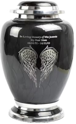 Angel Wing Cremation Urn for Adult Ashes – Durable Aluminium Funeral Container – Memorial Vessel with Engraving Holds Human Remains up to 90kg or 14 Stone (Personalised-Elegent black)