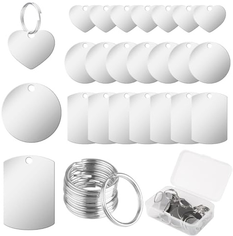 24 Piezas Etiquetas en Blanco de Acero INOX Redondo/Rectangular/Corazón | Etiquetas de Perro en Blanco, Grabar Placa de Etiquetas con Llavero, Chapas Perros de Metalicas para Colgantes de Bricolaje