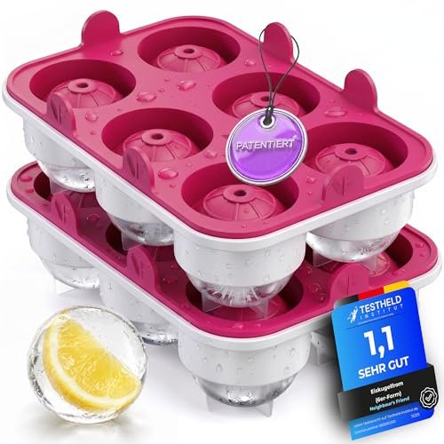 Pinke XXL Eiskugelform 2er Set – Stylische Eiswürfelformen aus Platin Silikon für Cocktails, Eiskaffee & Sommerdrinks – Patentierte leichte Entnahme – BPA-frei – 12 große runde Eiswürfel für Softdrink