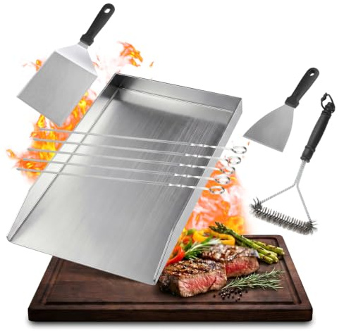 SMOOL 30x20cm Grillplatte Edelstahl, Plancha Grill Platte für Gasgrill, | Kohlegrill & Elektrogrill, Grillplatte Set mit Grillspachtel, Spieße & Grill Reinigungsbürste, für Camping & Partys