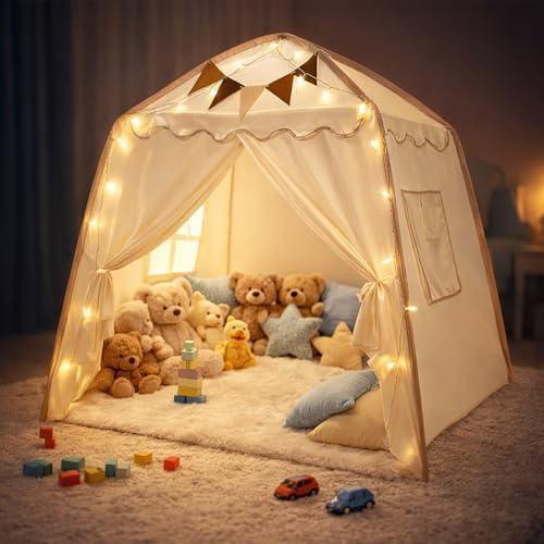 Tipi Infantil, Casita Infantil Interior para Niños con Luces y Banderas Casa de Juegos Carpa de Princesa Casita de Juegos Grande Regalo con Ventanas para Interior y Exterior Tienda Campaña Infantil