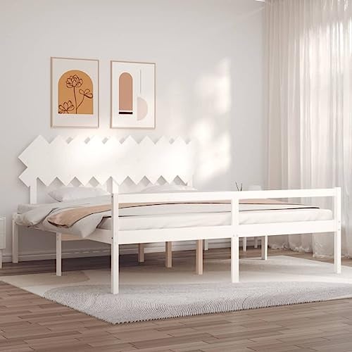 GeenYuu Seniorenbett aus massivem Kiefernholz 200x200 cm Weiß mit Kopfteil und Fußteil, praktischer Stauraum, Robustes Lattenrost, seniorengerechte Sitzhöhe, platzsparend für Schlafzimmer