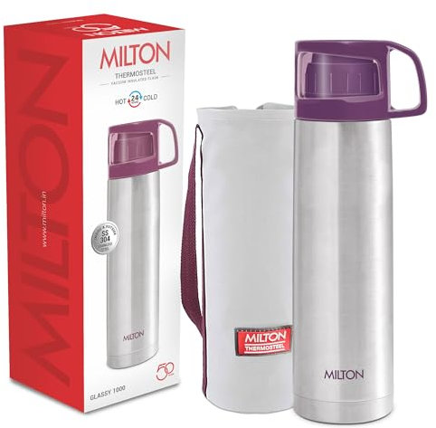 Milton insulated water bottle 1 litre (34 oz) of stainless steel with cup & Cover, Double walled vacuum thermal flasks for hot drinks, Leakproof, for travel, sports, camping, hiking, Glassy Purple