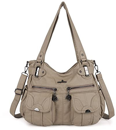Angelkiss 5739/1 - Bolso de mano con diseño de bandolera, grande, 8 bolsillos pequeños, para niñas y mujeres, caqui (Verde) - 5739/1_SML