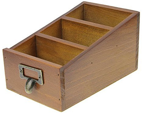 Porte de carte visite en Bois Boîte de rangement avec 3 Compartiments Boîte Rétro à carte postale Classeur à Télécommande Organisateur pour Montres Passeport Lunette de soleil