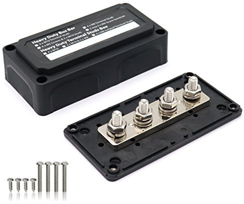 T Tocas 12V - 48V DC Battery Bus Bar Box 300A with 4 x M8 Posts Terminals Heavy-Duty Module Busbar 12 Volt 300 Amp Solar Power Distribution Block with Cover for Car Motorhome Boat Marine, Black