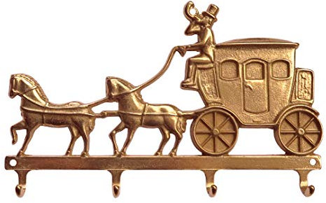 Kutsche-Massive Messing polierte Schlüsselleiste-Hakenleiste-Garderobenleiste-4 Haken-250 x 140 mm- Nr. 427 A