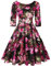 MINTLIMIT - Vestito da donna stile vintage anni '50, per cocktail party a maniche 3/4 Floreale nero fucsia. M