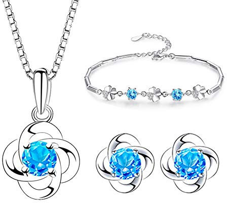 Kamise Schmuckset Damen Silber, 925 Sterling Silber Klee Halskette Ohrstecker Armband Set, Anhänger mit 45cm Silberkette & Ohringestecher & Armkette mit Blau Zirkonia, schmuckset mit Geschenkbox
