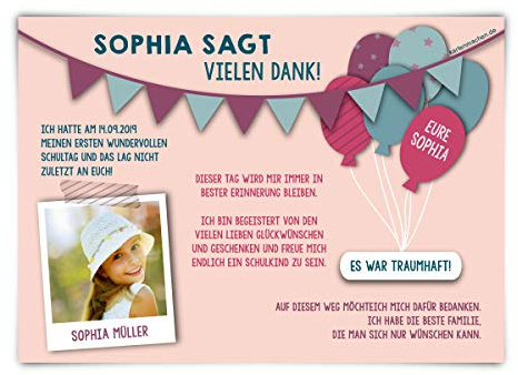 10 x Dankeskarten zur Einschulung individuell mit Text und Foto DIN A6 148x105mm - Fahnen Girlande in Rosa
