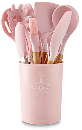 VOANZO Accesorios de Cocina Rosados: 11 Piezas, denso, con Fugas, espátula, Pala con Fugas, Cuchara de Sopa, Fideos, Cuchara Plana, espátula, Cepillo, batidor de Huevo, Clip para Alimentos.