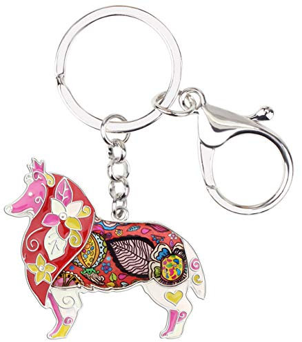 DOWAY Cute Emaille Border Collie Schlüsselanhänger Hund Tiere Schlüsselring Hunde Geschenke Für Damen Frauen Mädchen Tierliebhaber (Rot)