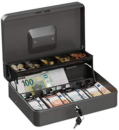 Relaxdays Geldkassette abschließbar, Münzeinsatz, 4 Scheinfächer, Geldkasse Eisen, Kasse HBT 8,5 x 30,5 x 24,5 cm, grau