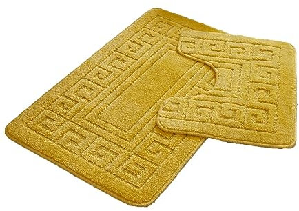 FAIRWAYUK Bathroom Mats Sets 2 Pieces, Ultra Plush Greek Pattern Bath Toilet Mat Anti Slip Pedestal Set, Extra Absorbent 100% Polypropylene Rug, Bathroom Accessory (Ochre)