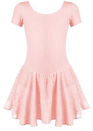 untlet Mädchen Ballettkleidung Ballettkleid für Kinder Kurzarm Balletttrikot Rundkragen Tanzkleid Tanzbody mit Rock Tütü Tanzkleidung,rosa,130