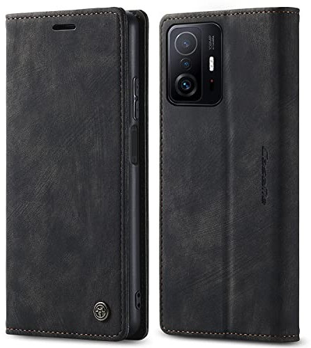 PaceBid Hülle Kompatibel mit Xiaomi 11T 5G / 11T Pro 5G, Retro Luxus Leder Brieftasche Stoßfeste Schutzhülle mit Kartenfächer, Magnetisches Flip Handyhülle für Xiaomi 11T/11T Pro -Schwarz