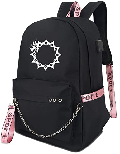 Roffatide Anime The Seven Deadly Sins Rucksack Büchertasche Laptop Meliodas Schultasche mit USB-Ladeanschluss und Kopfhöreranschluss
