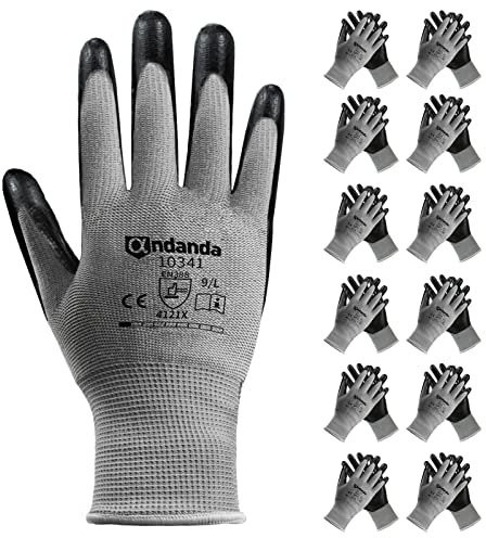 ANDANDA Safety Work Gloves, Comfort Stretch Fit, Nitrile Coated, Power Grip, Gardening Gloves Suitable for General Duty Work like Logistics/Assembly/Utilities，Black/M/L/XL/12 Pair