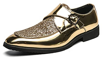 comfortlying Schuhe Kleid Oxford for Männer Slip auf Mönch Strap Schürze Zehen Glänzende Schuhe Pu. Lederschlüsselbeständige Gummi-Sohle-Block-Ferse-Arbeit (Color : Gold, Size : 42 EU)