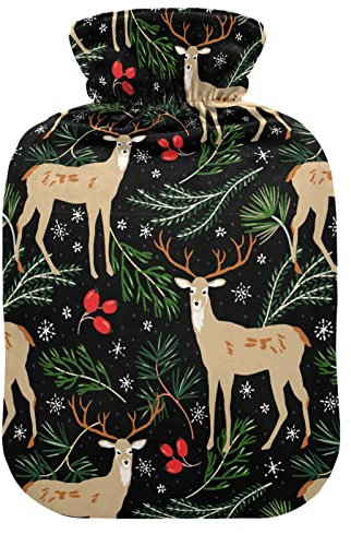 Wärmflasche mit Weihnachtsmotiv, Hirsch, Tier, mit Bezug, Wärmflaschen zur Schmerzlinderung, Wasserheizkissen, Heiztasche für Kinder und Erwachsene, 2 l