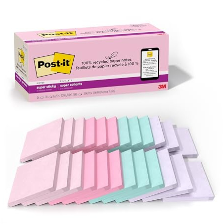 Post-it 100% Recycled Paper Super Sticky Notes, 3 in. x 3 in., 24 Pads, 70 Sheets per Pad, Wanderlust Pastels, School Supplies and Office Products