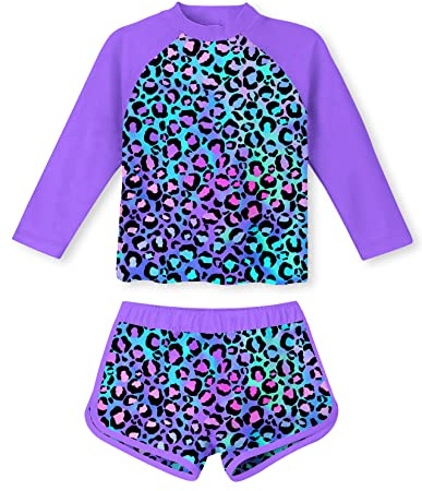 Girls Rash Guard 2-Piece Swimsuit Set Teens 5 6 Yrs Old Leopard Printed O Neck Long Sleeve Bikini with UPF 50+ Sun Protection for Pool Party