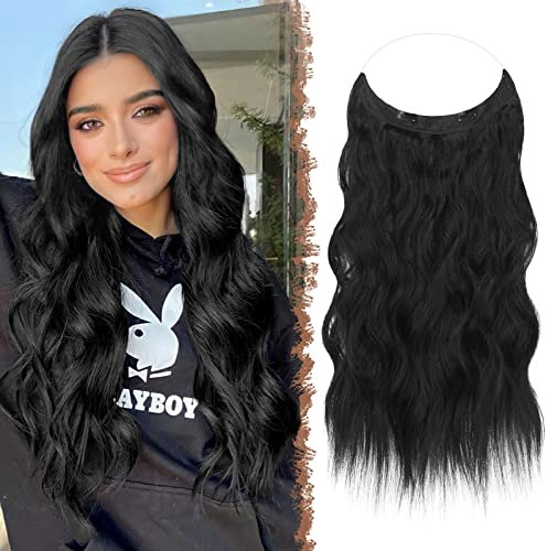 FESHFEN Secrets Hair Extensions Lange Gewellt Schwarz Haarverlängerung Invisible Secret Haarextension Synthetik Haare Unsichtbarem Haarteile für Frauen 40 cm