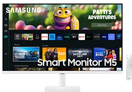SAMSUNG Smart Monitor M5 S32CM501, Flat 32'', 1920x1080 Full HD, Piattaforma Smart TV Amazon Video, Netflix, Airplay, Mirroring, Office 365, Wireless Dex, Casse Integrate, IoT Hub, WiFi, Bianco