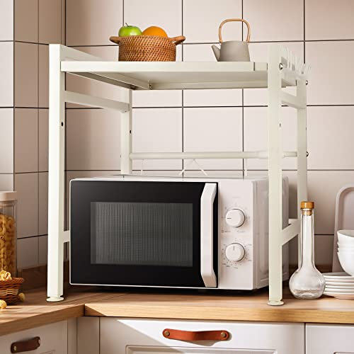 DDMINE Erweiterbares Mikrowellen Regal, 2-stufiges Mikrowellenregal Mikrowellenhalter Organizer Einstellbar Länge für Bäckerregale, Mikrowellenständer mit Haken (Weiß-1PC, 40-64 * 36,5 * 45m)
