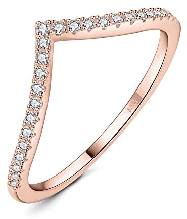 JewelryPalace V-Form Modeschmuck Rund 1.1mm Moissanite Band Ring Damen, Hochzeitsringe Damenring Silber 925 Trauringe Eheringe für Frauen, Vorsteckring Stapelring Ring Bandring Schmal Rosegold 62