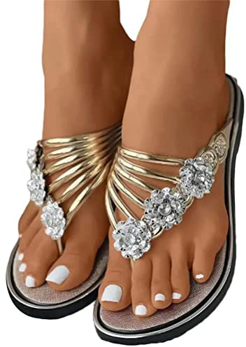 seiveini Sandalen Damen Sommer Elegante Flache Strass Strandschuhe Sandaletten Zehentrenner Peep Toe Boho Flip-Flops Frauen Für Meer Pool Casual A Gold 40 EU