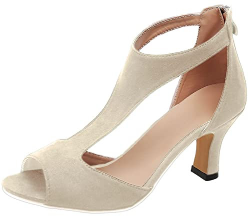 OALEEN Escarpins Sandales Femme Eté Salomé Petit Talon Sexy Bout Ouvert Suède Confortable Mariage Soirée Chaussures Beige 42