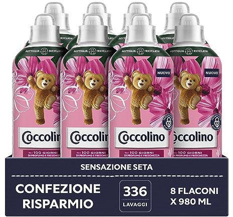 Coccolino Ammorbidente Concentrato Sensazione Seta, Ammorbidente Lavatrice con Tecnologia Stay Fresh, Profumazione alla Rosa, Fiori di Lillà e Pesca, Formato Fino a 336 Lavaggi, 8 Pezzi da 980 ml