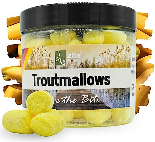 Zite Fishing Trout Mallows Forellenköder - Hochfängiger Forellenteig auftreibend - Troutmallows Starke Aromen & Leuchtende Farben, 40g Dose, Forellen Köder für Grundmontage (Banane gelb)