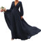 SAMHO Women's Long Sleeves Bridesmaid Dresses V-Neck Chiffon A Line Formal Dress Evening Gowns with Train Navy UK10