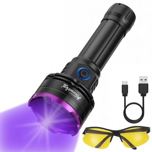 Alonefire SV83 20W Lampe Torche UV LED 365nm Rechargeable Lampe Ultraviolet Lumiere Noire Détecteur D'urine pour Resine, Pêche, Scorpion, Minéraux, Ambre avec Lunettes de Protection UV, Batterie