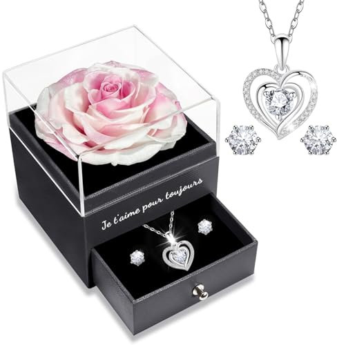 Sunia Rose Eternelle avec Bijoux Argent 925,Collier Coeur Boucles d'oreilles,Coffret Cadeau Femme,Rose Préservée avec Collier,Cadeau Anniversaire Femme,Amour Cadeau,Fete des Meres,Noël,Saint-Valentin
