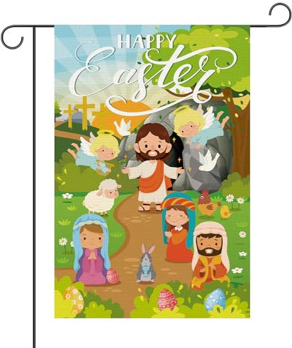 Fröhliche Ostern Flagge, 45x30cm Ostern Jesus Gartenflagge Osterhasenflagge Buntes Ei Kaninchen Karotte Grünes Grasland Lebendiger Frühling Easter Garden Flag für Draußen Hof Haus Haustür