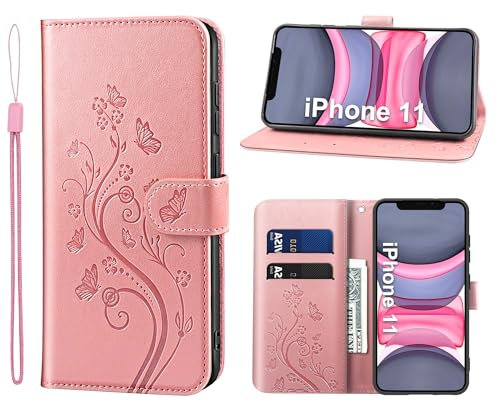 KRAFTCARE Handyhülle für iPhone 11 Mit Kartenfach, Geld Slot, Ständer, Magnetic Closure - Flip Case Leder Schutzhülle Tasche für 6.1 Zoll, Rosa