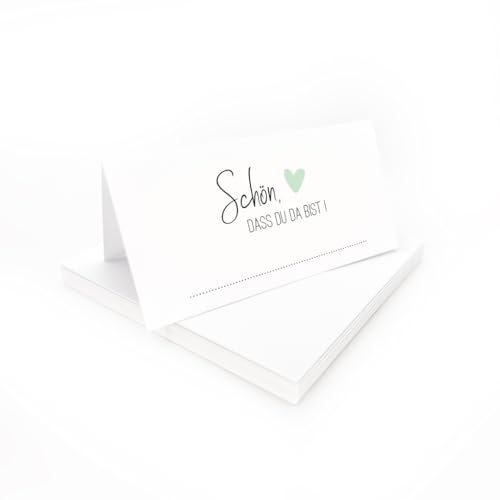Tischkarten Schön, dass du da bist weiß mit Herz | Farbe wählbar | 25, 50, 100 Stück | selbst beschriften | Namensschilder, Platzkarten | für Hochzeit, Geburtstag uvm (Grün, 100)