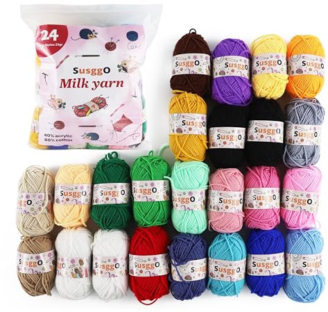 SusggO Confezione da 24 gomitoli di lana per uncinetto lana per maglieria a mano fai da te matasse 60% Cotone 40% ACrilico filo per lavorare a maglia gomitolo lana 25g ±50m colori assortiti